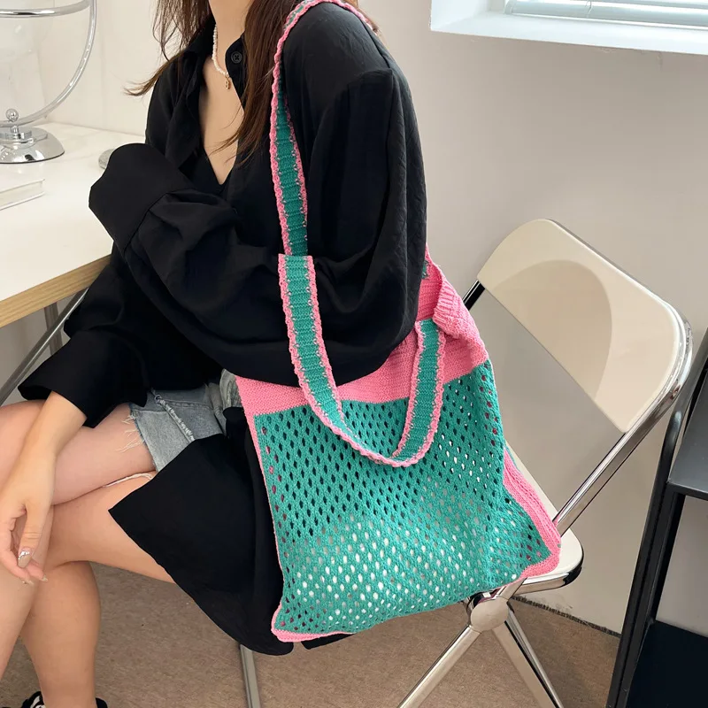 

Contrast woven bag large capacity bag women's summer 2023 new trendy fashion simple tide women's single shoulder tote bag