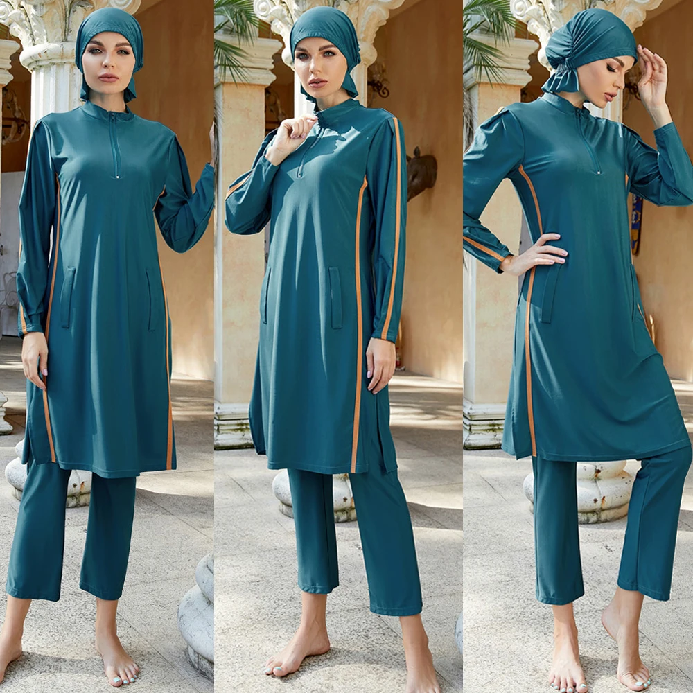 Full Cover Women Muslim Hijab Swimsuit Arab Long Sleeve Top Pant Cap Set Swimwear Burkini Swimming 3pcs Modeat Bathing Costumes
