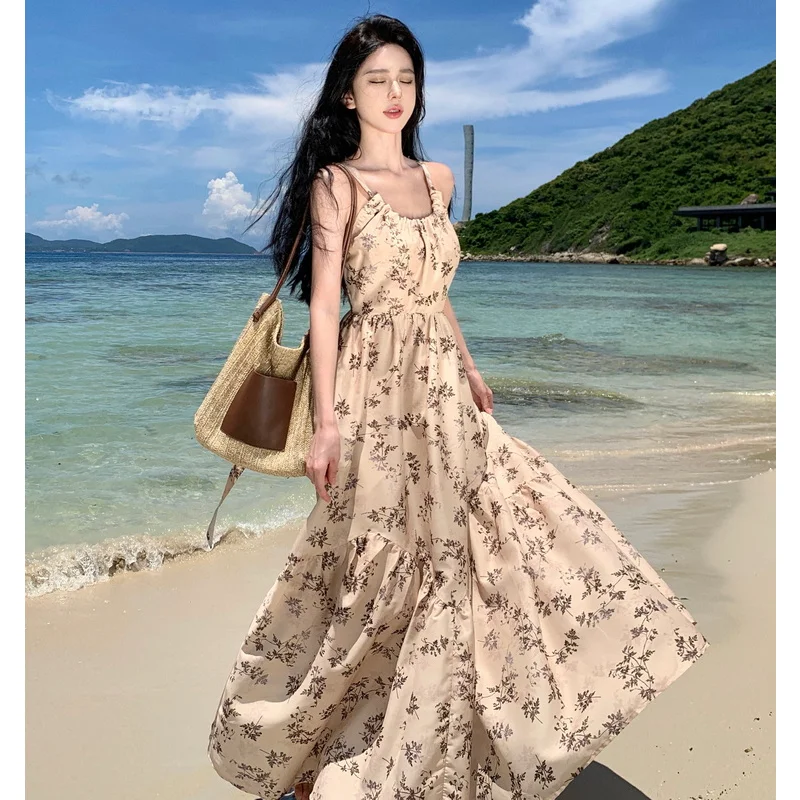 

2023 New Summer Women Simple Backless Beach Robe Halter Slim Floral Vacation Strappy Y2K Swinging Casual Long Elegant Sundress