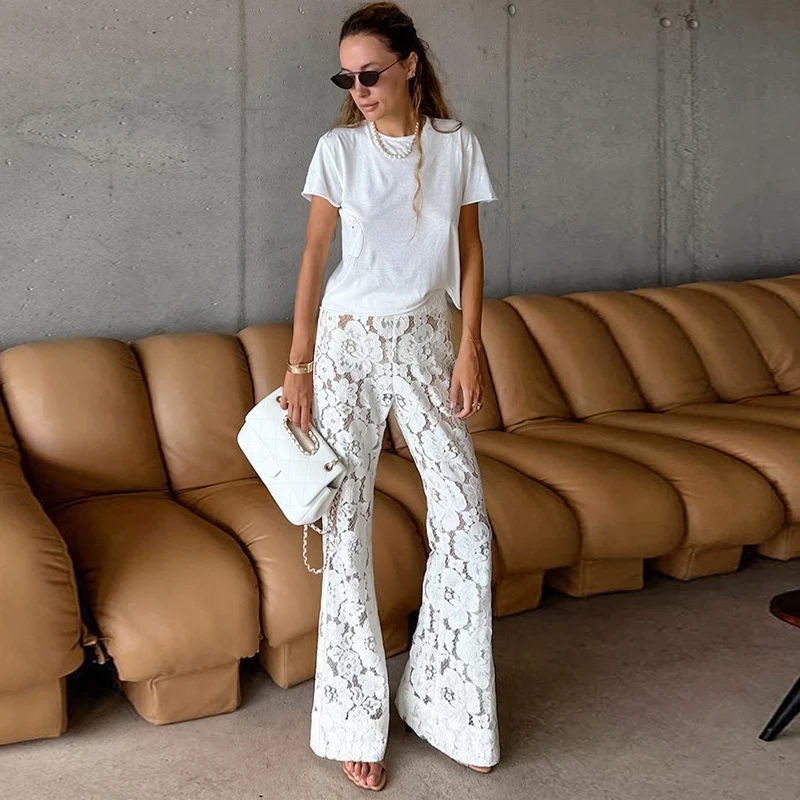 DGLUKE белые кружевные брюки для женщин сексуальные прозрачные расклешенные модные