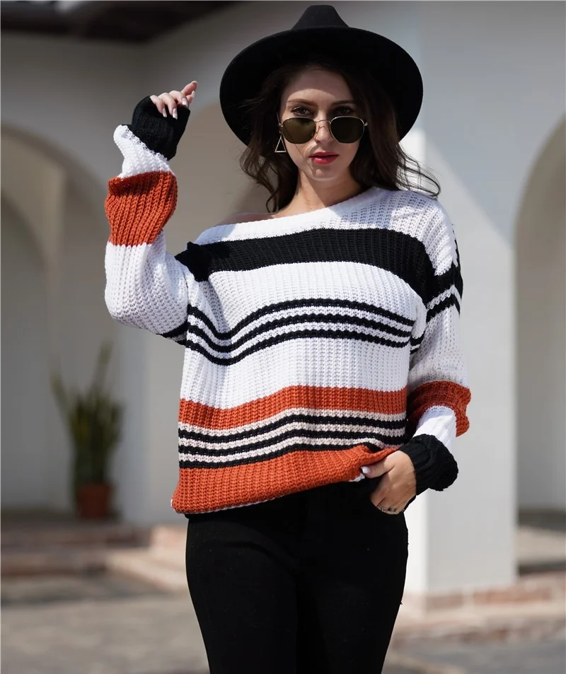 

Зимние женские свитера 2022, свободные Разноцветные полосатые свитера с длинным рукавом, женские теплые модные роскошные трикотажные свитер...