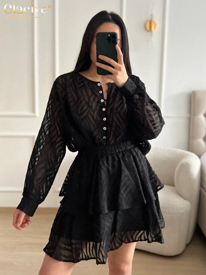 

Clacive Fashion Loose Black 2 Piece Sets Women Outfit Elegant O-Neck Long Sleeve Shirt With High Waist Ruffle Mini Skirt Set