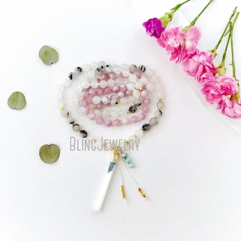 10 шт. Selene Moon Goddess Mala Moonstone Tourmalineated Quartz 108 четки длинные многослойные женские