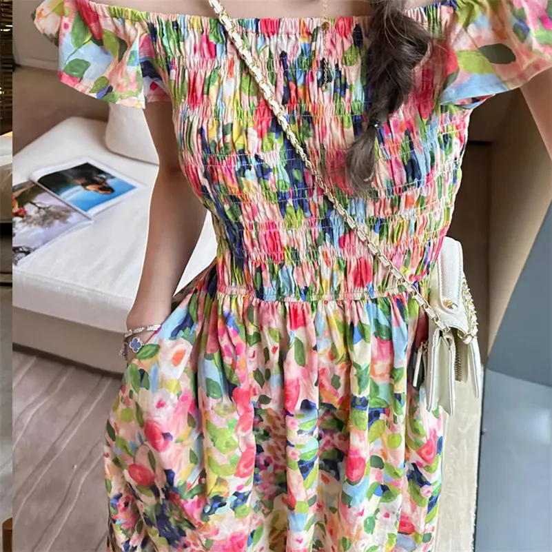 

Summer Cotton Women Slash Neck HotSweet Floral Print Flying sleeve Lovely Elegant Long Dress A-Line Slim Elastic Waist Vestidos