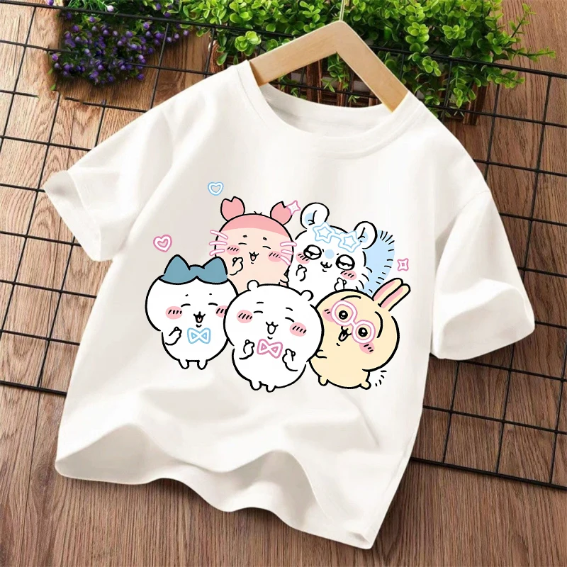Фото Новая детская футболка Chiikawas с принтом персонажей мультфильмов Kawaii, футболки с короткими рукавами для мальчиков и девочек, летняя детская одежда №5