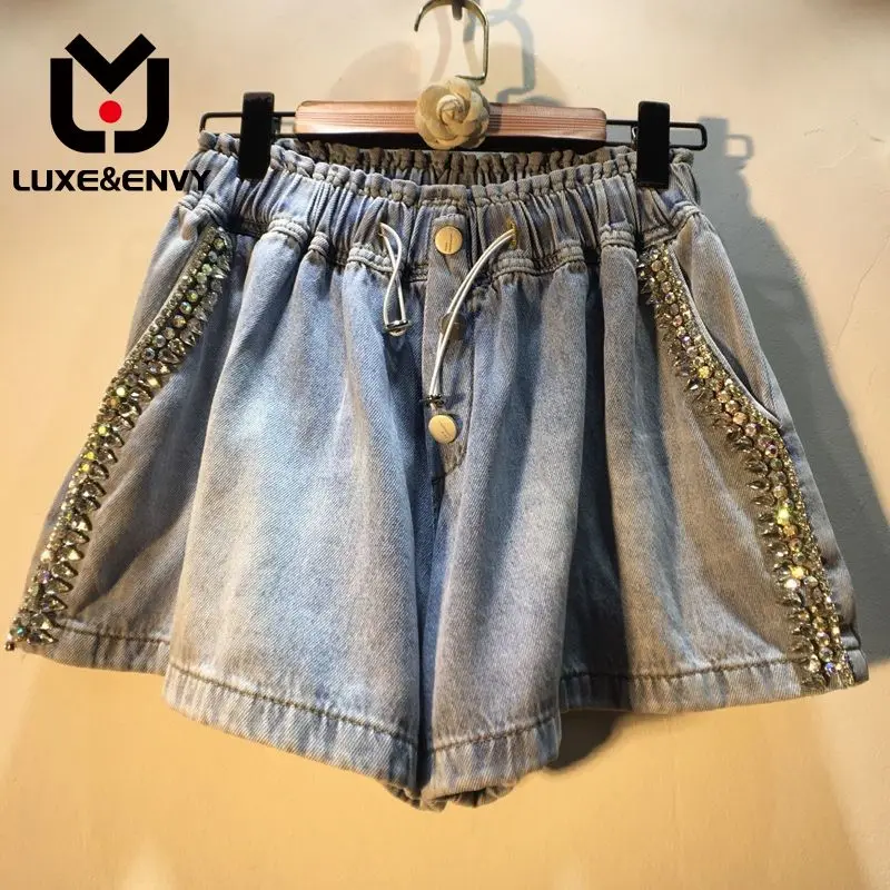 

LUXE&ENVY 2023 Summer European New Heavy Industry Diamond Studded Beads High Waist Slim Wide Leg Denim Shorts Women's Pants
