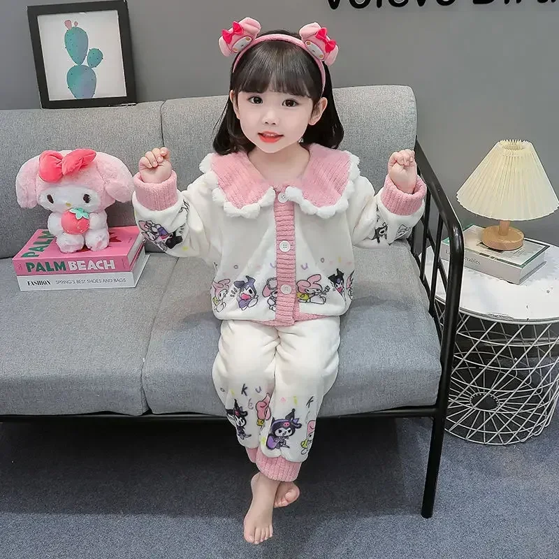 Sanrio аниме Kawaii Ins пальто и брюки комплект пижамы зимние милые Cinnamoroll Kuromi фланелевые