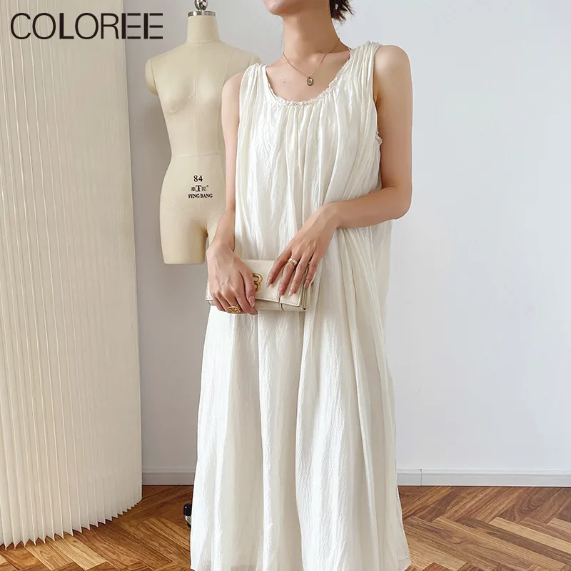 

White Summer Dress Women 2022 Elegant O-neck Sleeveless Midi Dresses Female Draped Vestidos De Mujer Casual