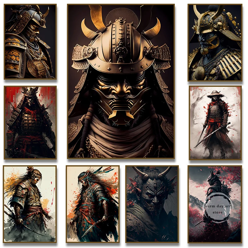 Японские черные и золотые художественные плакаты самурая маска Сакура граффити