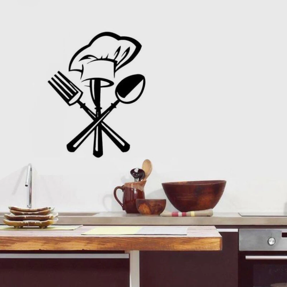 

Creative Removable Kitchen Wall Sticker DIY Fork Cutlery Chef Hat Wall Decal Posters Sticker for Restaurant Kitchen Home Decor