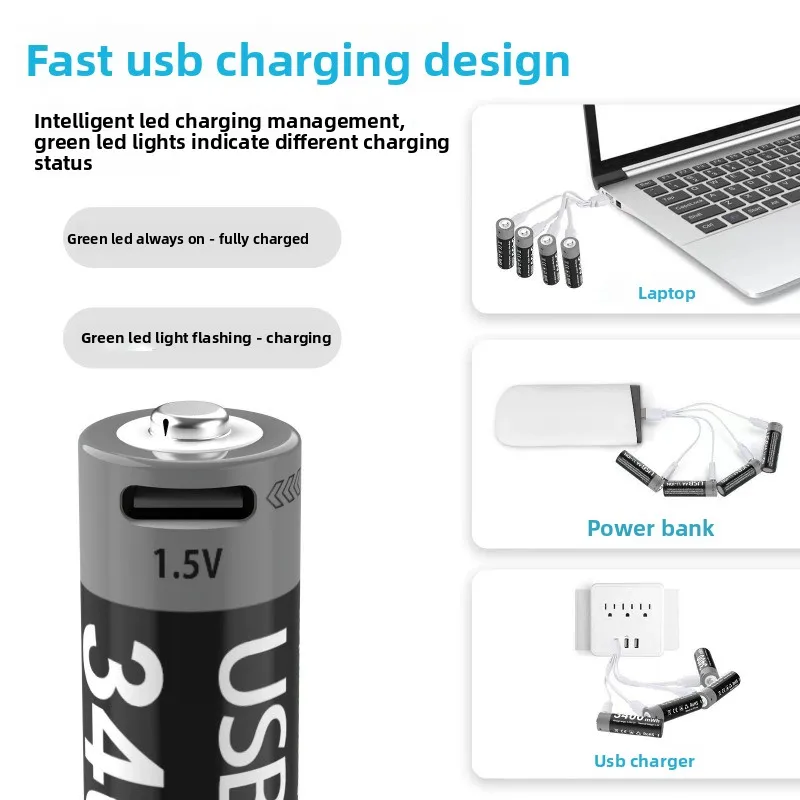Фото Литий-ионный перезаряжаемый аккумулятор USB 1.5V AA 3400mWh для смарт-замков, микрофонов, фонариков, будильников, камер №5