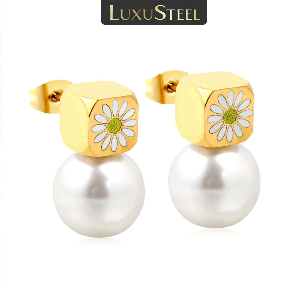 Серьги LUXUSTEEL с имитацией жемчуга Маленькая ромашка серьги из нержавеющей стали