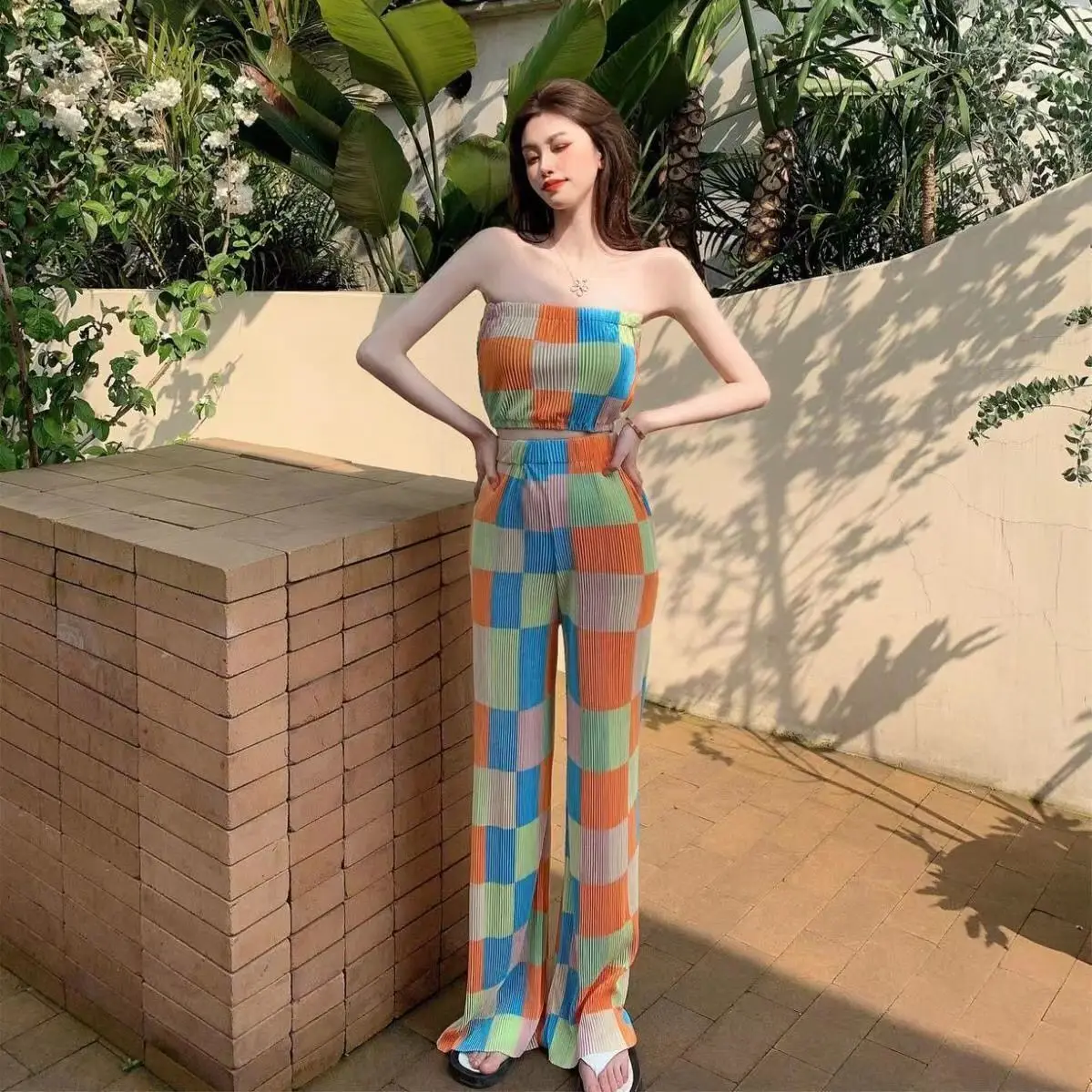 

Women 2022 Summer Fashion Retro Suits Female Sexy Contrast Color Plaid Strapless Top + Wide-leg Pants Ladies 2 Piece Sets R153