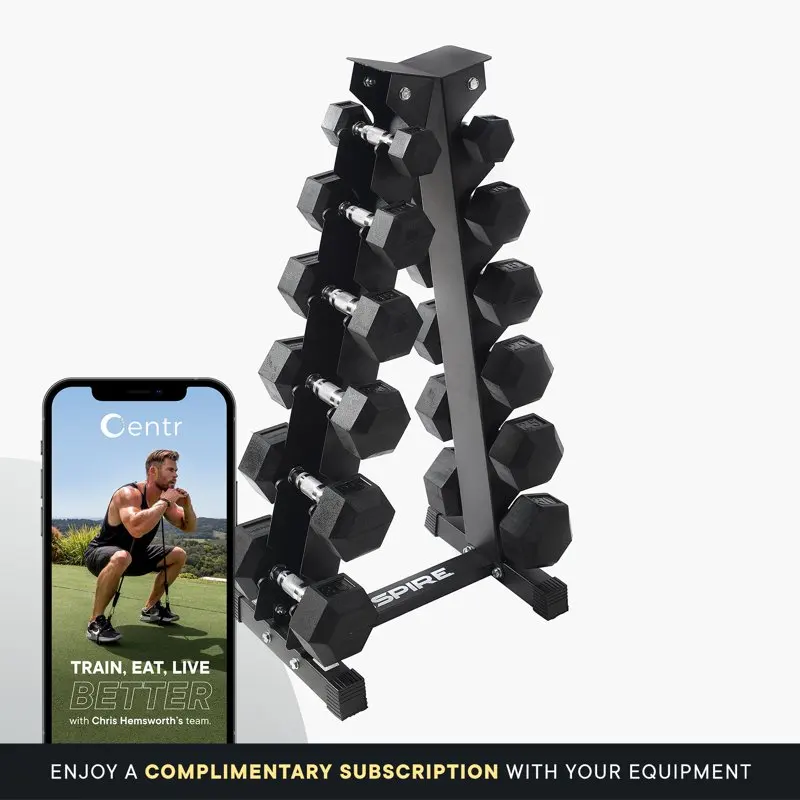 

Heavy-Duty Rubber Dumbbell Weight Set with Rack, 210 lbs (5-30 lbs)