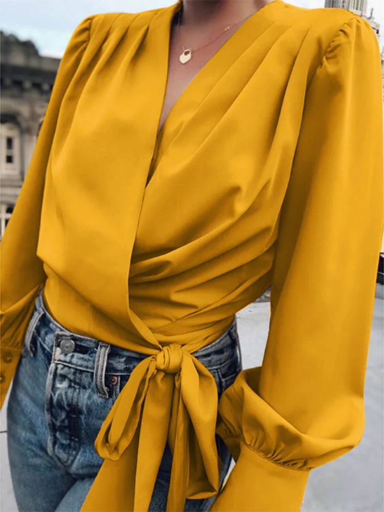

Celmia Women Bandage Tunic Tops 2022 Fashion Long Puff Sleeve Solid Blouses Casual Sexy V Neck Elegant Office Party Shirts Blusa