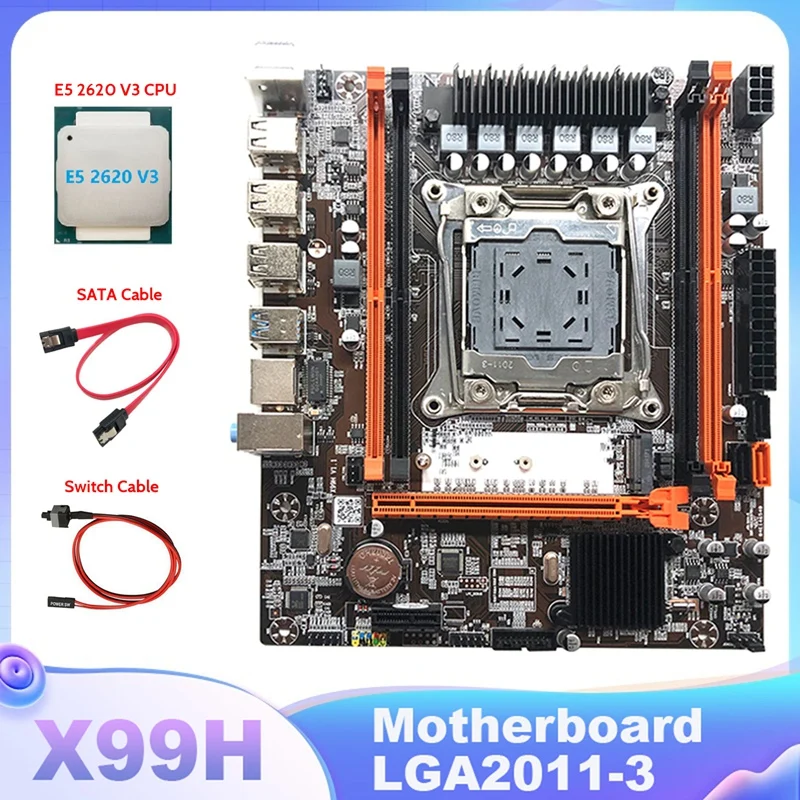 

Материнская плата X99H, материнская плата для компьютера, поддержка оперативной памяти DDR4 с процессором E5 2620 V3, кабелем SATA и кабелем коммутатора