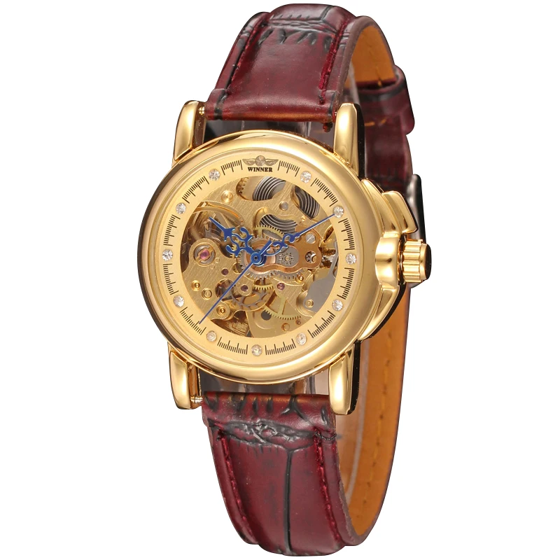 

Часы наручные женские Автоматические, брендовые дизайнерские с золотистым циферблатом, с темно-красным кожаным ремешком, WRL8011M3G2