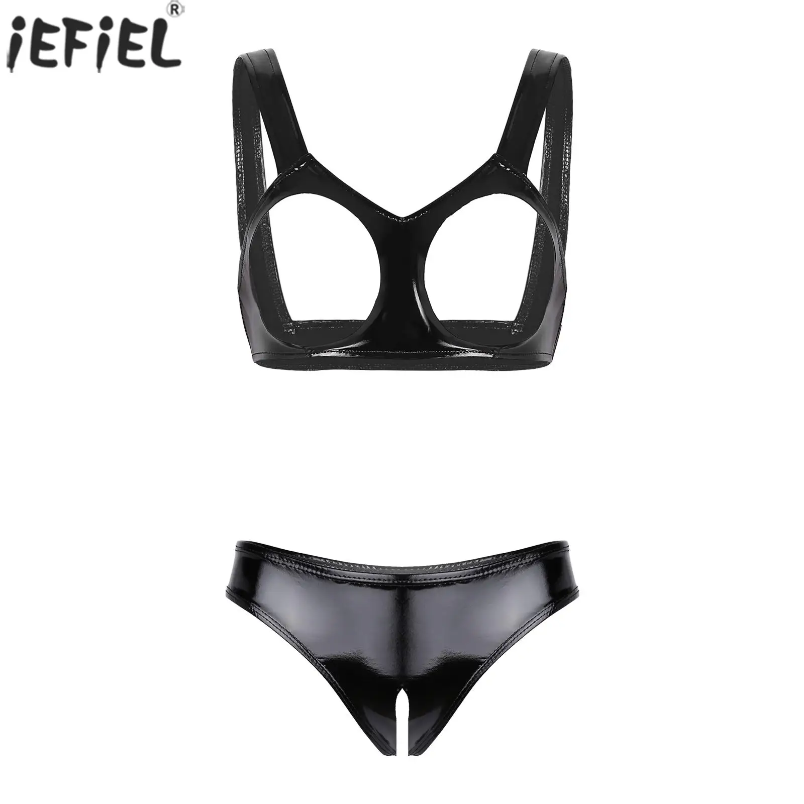 

Womens Sexy Erotic Patent Leather Lingerie Suit Underwear Wide Shoulder Straps Open Cups Bra Tops with Open Crotch Briefs