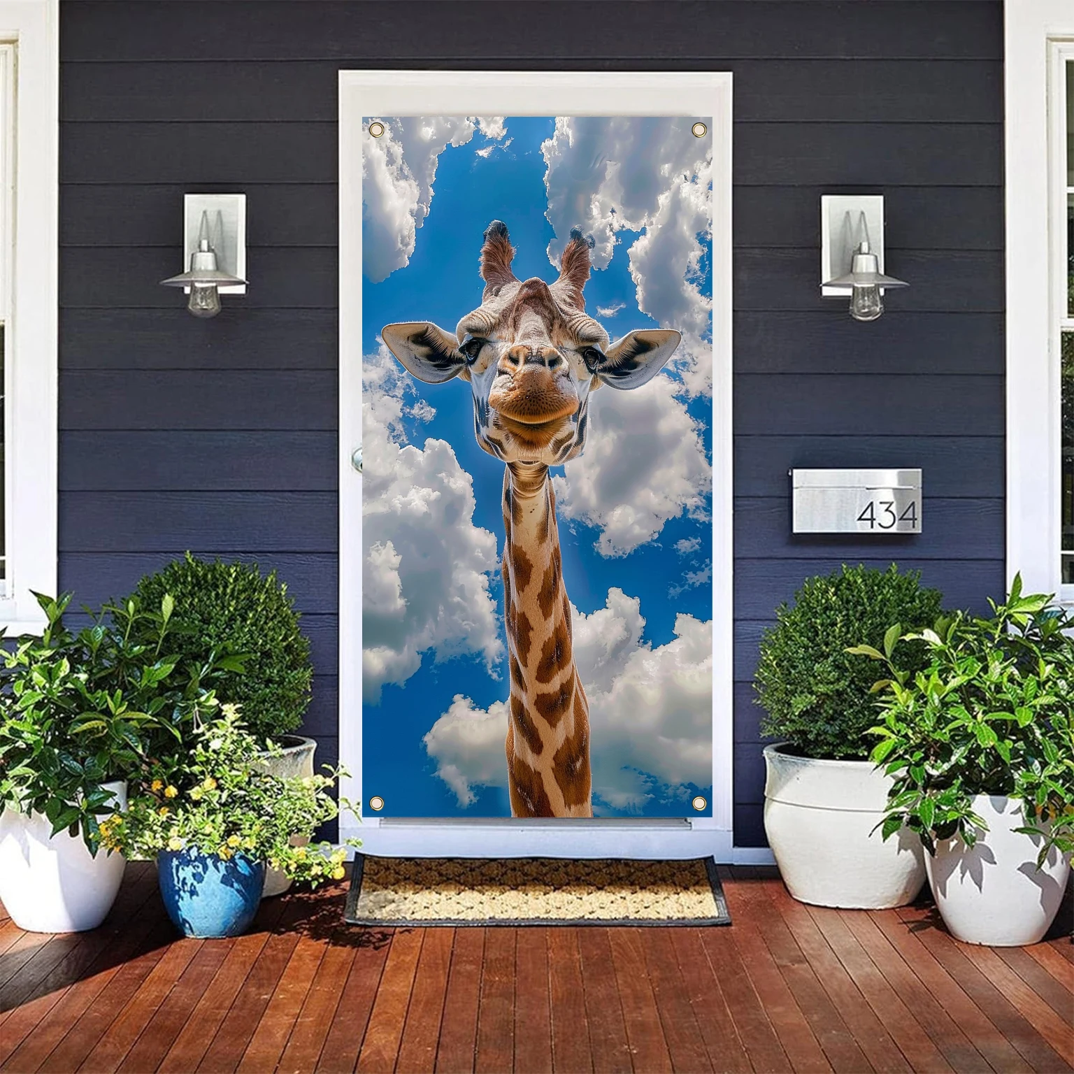 Декоративный баннер с животными зеброй жирафом небесно-голубыми облаками белыми