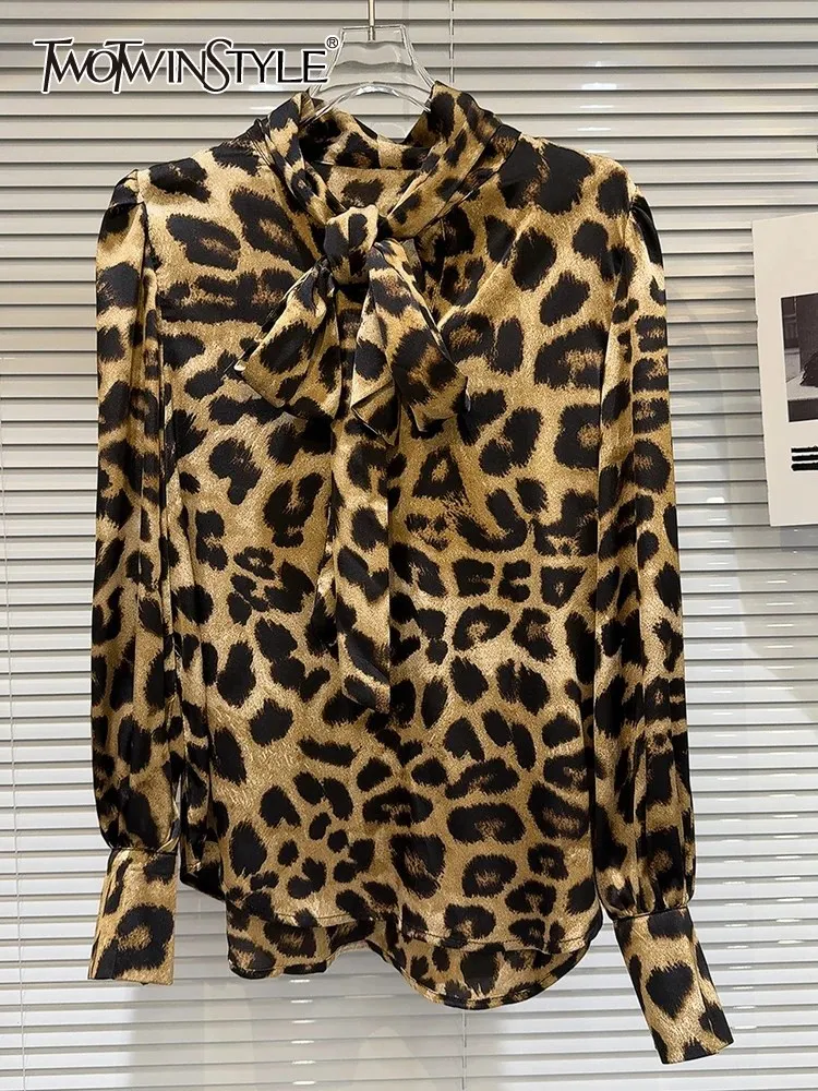 

TWOTWINSTYLE Spliced Lace Up Shirts For Women Lapel Long Sleeve Hit Color Pullover Summer Leopard Blouse Female Fashion 2023 New