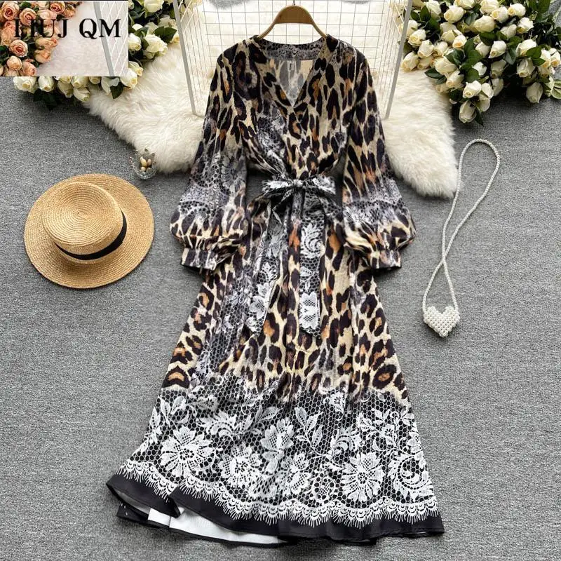 

Runway Women Leopard Print Puff Sleeve Dresses Sexy V-neck High Waist Fashion Luxury Party Formal A-line Maxi Bandage Dress 2022