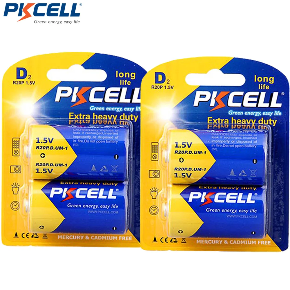 

2 упаковки/4 шт., аккумуляторы PKCELL1.5V D R20P