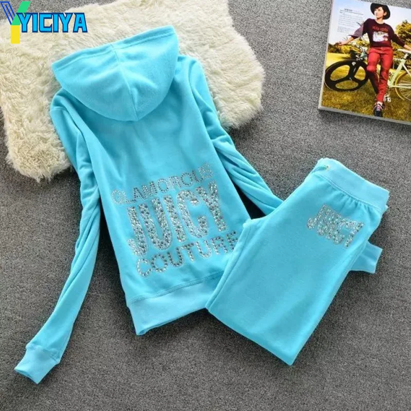 YICIYA Hot Diamond Velvet JC Hooded Zipper Sweatshirt And Pants Sewing Suit  Fashion Sports  Large Size  Female Tracksuit Women