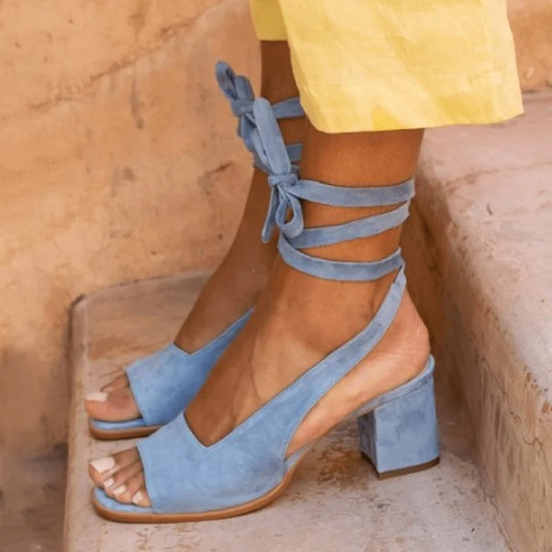 

High-heeled Sandals Medium Block Heels Summer Sandal Ladies Small Heel Shoe Ankle Strap Blue New Women's Casual Shoes Sandales