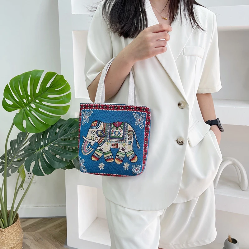 Women's Embroidered Handbag Animal Print Canvas Bag Vintage Top-Handle Bags Female Fashion Casual Tote Bag Purse Bolsas De Mujer