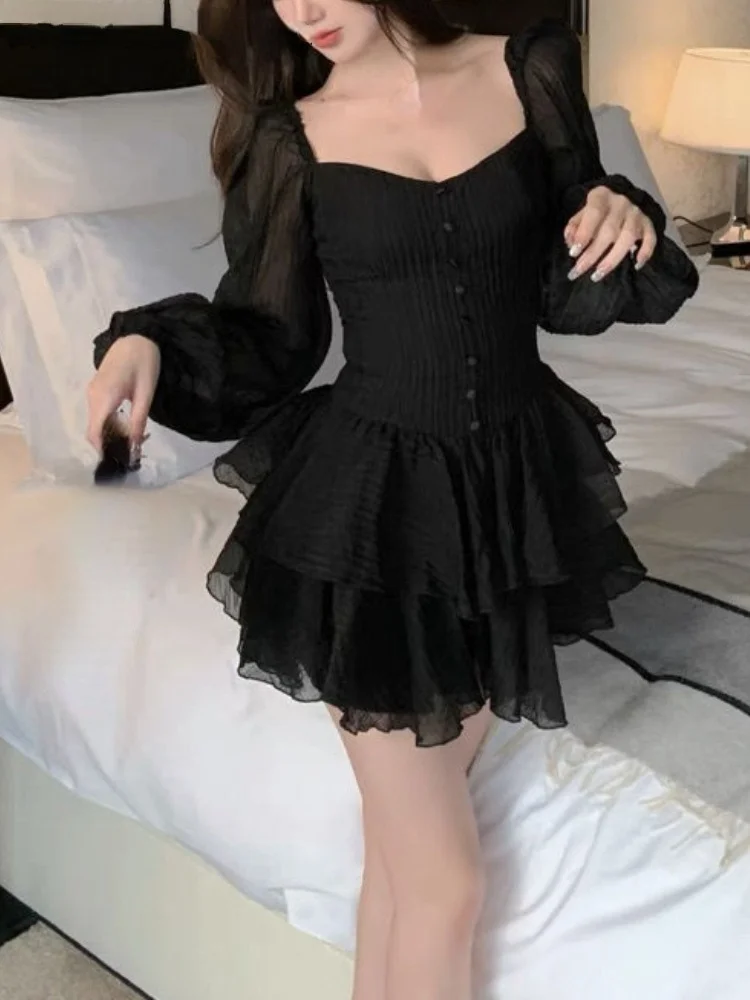 

Милое мини-платье Y2k, женское элегантное короткое платье с буффами на рукавах, повседневное летнее однотонное цельнокроеное платье, корейская мода, 2022
