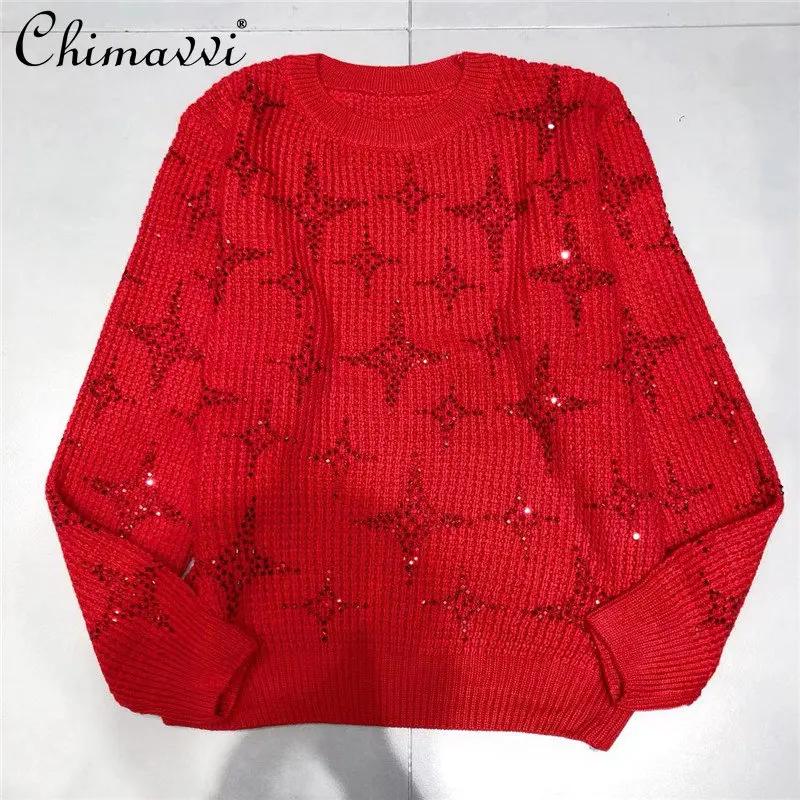 

Fashion European New Simple Round Neck Hot Drilling Slimming Sweater Women 2023 Spring Casual Loose Long Sleeve Knitted Top