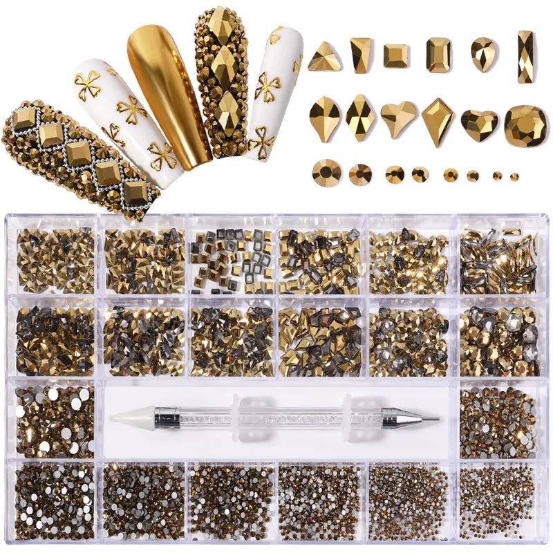 

В коробке, 21 Сетка, 2500 искусственных ногтей с алмазной ручкой, набор кристаллов для ногтей, художественные украшения, товары для ногтей для п...