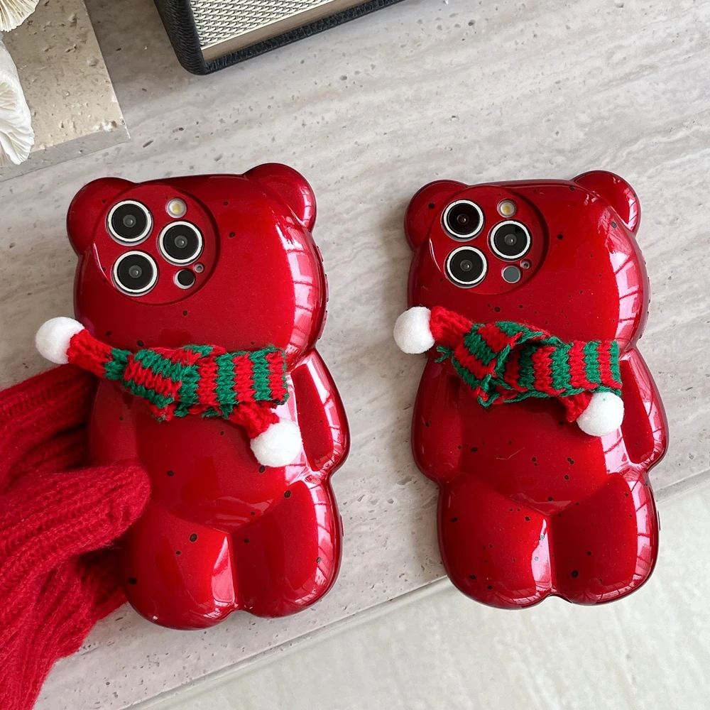 С Рождеством 3D милый зимний шарф в форме медведя чехол для телефона iPhone 12 13 14 15 16 Pro