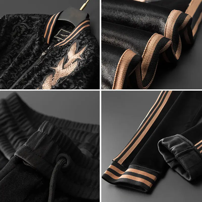 High quality men's cardigan sweater suit jacquard embroidery bird casual sports baseball suit fashion men's autumn set