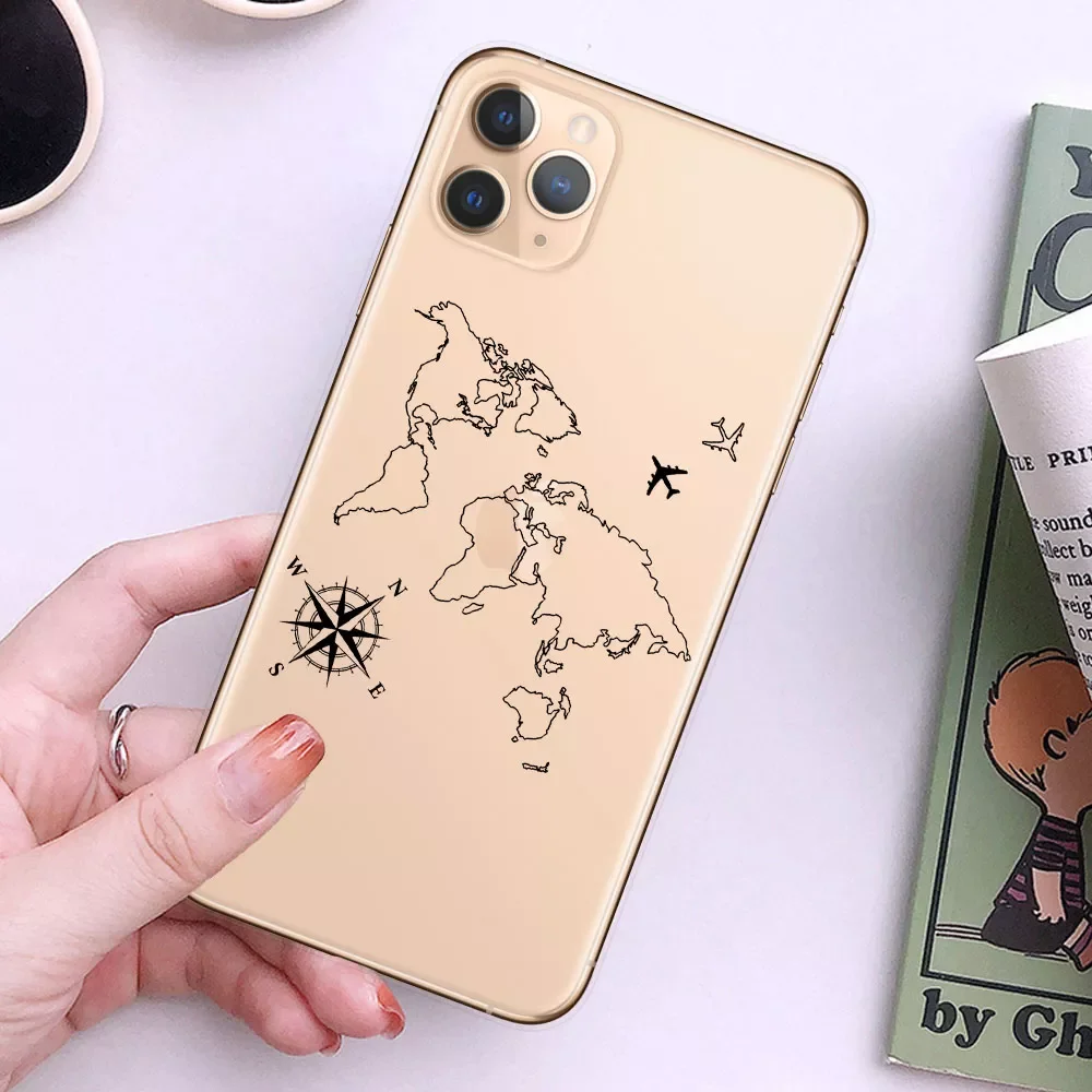 

Free Shipping Map Travel Soft TPU Phone Cases For iPhone 13 12 Pro XS Max XR 7 8 Plus 6S Plane Cover For iPhone 11 SE2020 Coque