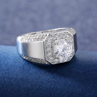 new luxury trendy silver plated round cut crystal rings for men shine white cz stone inlay fashion jewelry wedding party gift
