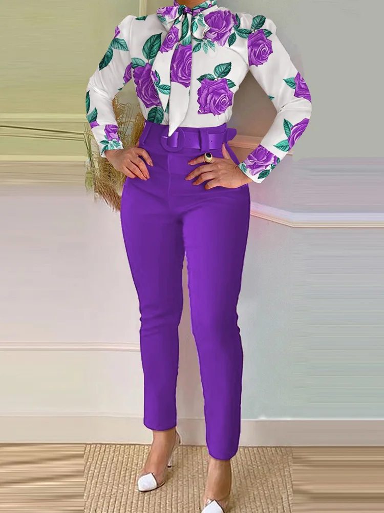 

Floral Print Tie Neck Top & Pants Set With Belt