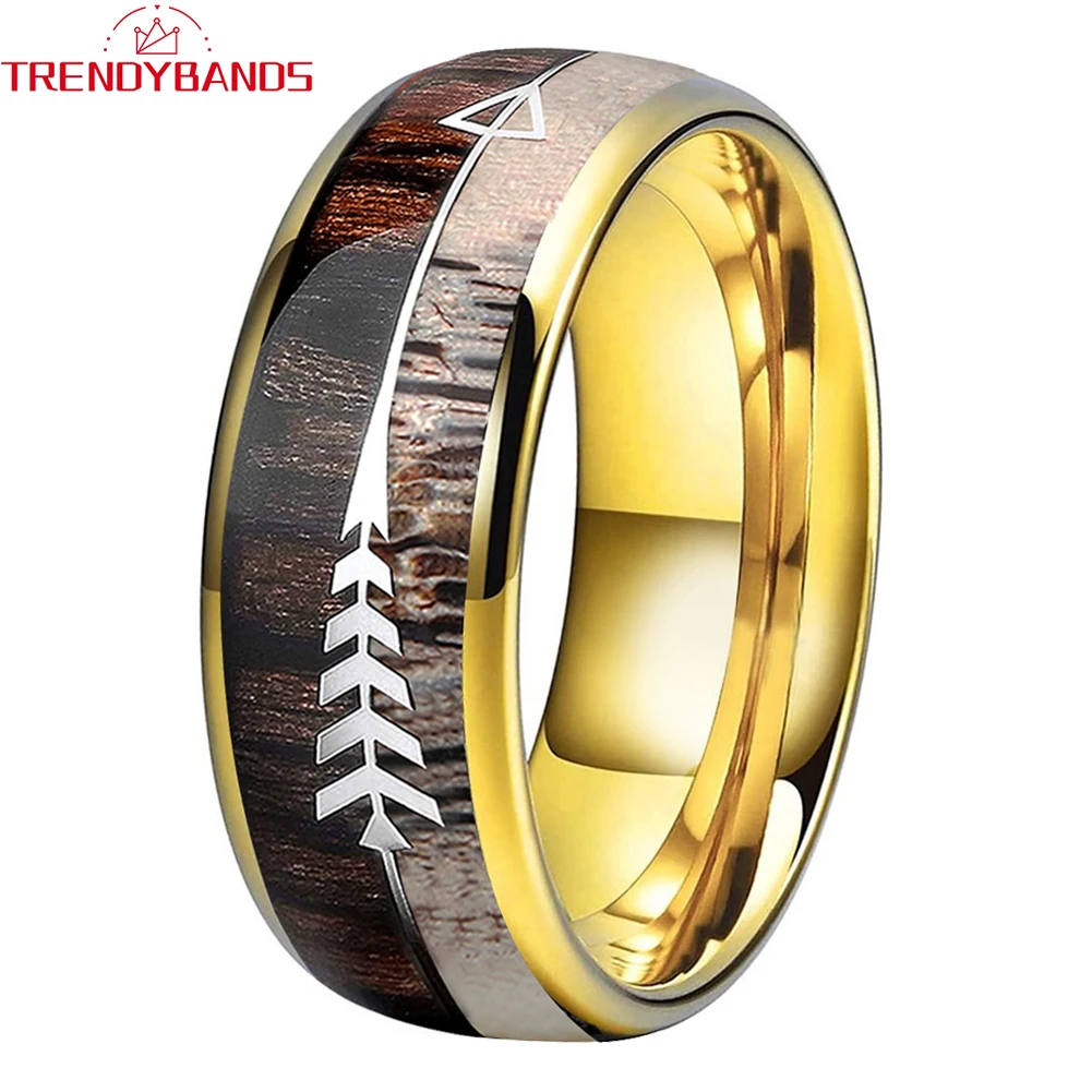 

8mm Gold Natural Dear Antler Ring Men Women Tungsten Wedding Rings with Zebra Wood Antler Arrows Inlay Comfort Fit