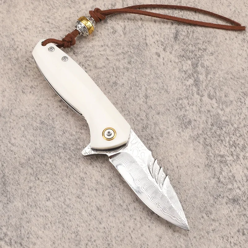 Samsend Дамасский складной нож мини-белая коровья кость ручка универсальный