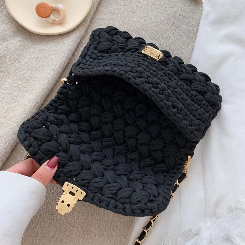 Fashion Cotton Woven Crossbody Bags for Women 2021 Crochet Hand-woven Messenger Bag   Chains Lock  Shoulder Bag Females