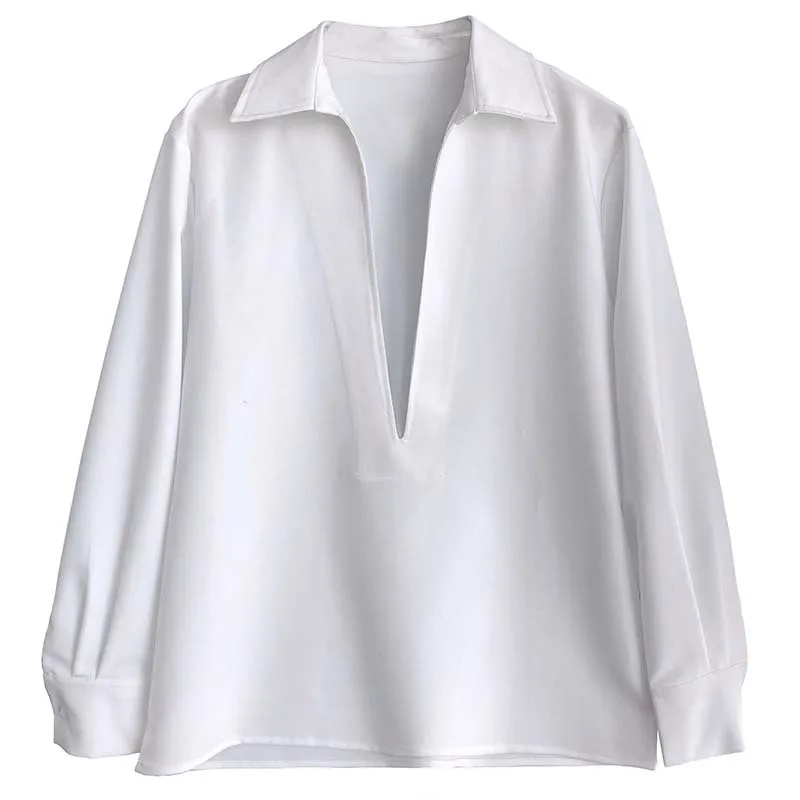 Loose White Shirt for Women V Neck Long Sleeve Solid Minimalist Vintage Blouses Female Korean Fashion Clothing Style images - 6