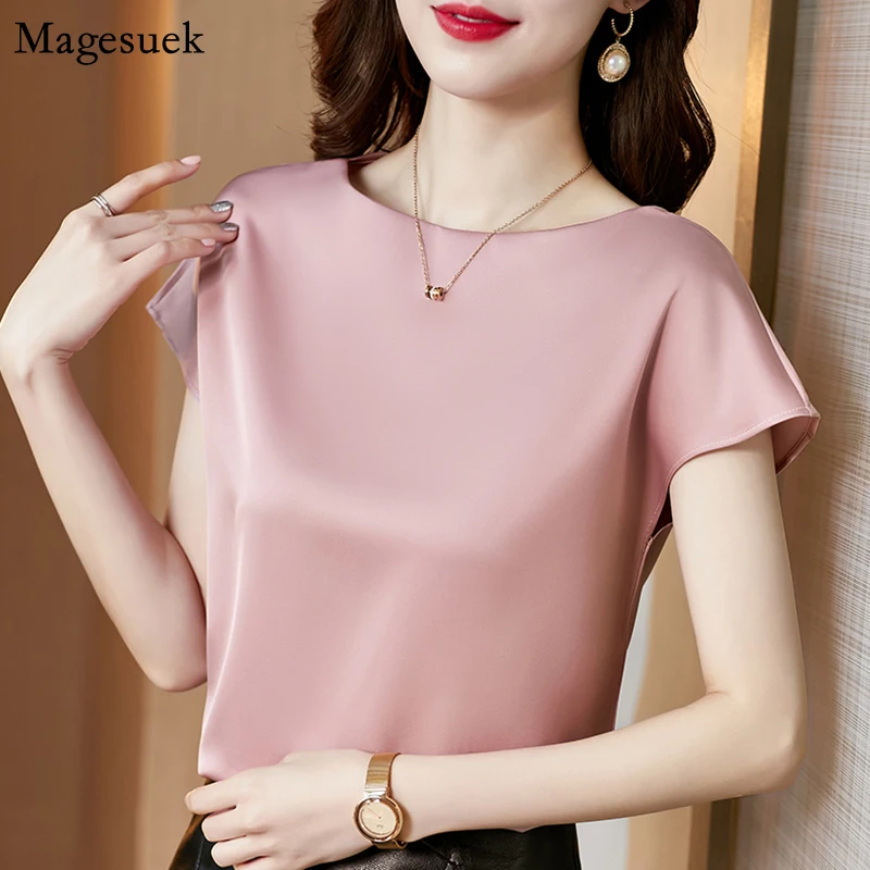 

Fashion Solid Oversized Loose Casual Blouse Office Lady Summer Tops Short Sleeve Blouses Satin Blouse Women Shirt Blusas 13377