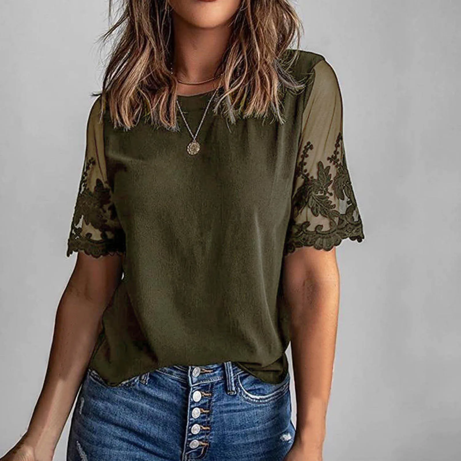 

Футболка женская хлопковая с круглым вырезом, модный однотонный топ с кружевом, Повседневная рубашка с коротким рукавом, черный цвет, на лет...