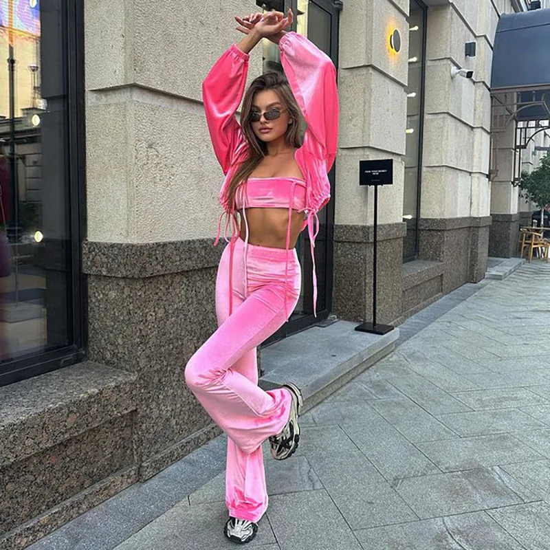 

Velvet Casual 2 Piece Set Women Jogger Tracksuit Hooded Jacket+Camisole+Flare Pants Fall Matching Streetwear Sporty Outfits