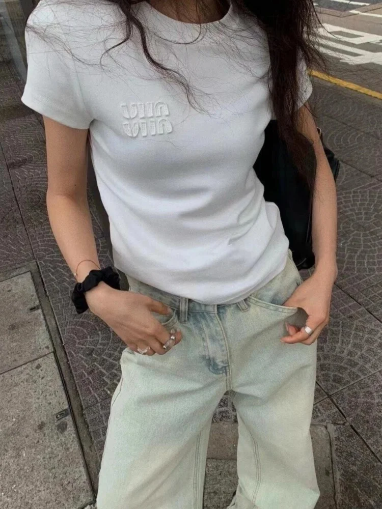 Большие размеры белая футболка с вышивкой букв Choic женская короткими рукавами 24