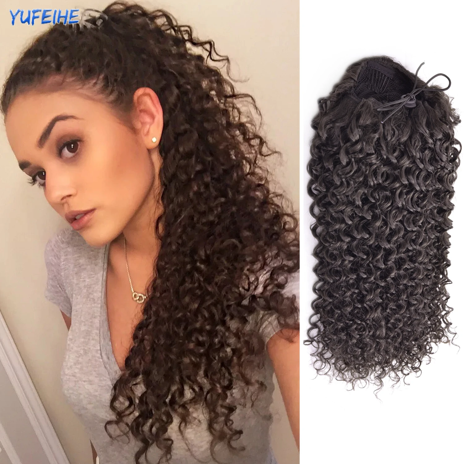 Synthetic Clip In Ponytail Hair Extensions Curly Long Drawstring Fake Pony Tail Blonde False Afro Hairpiece Brazilian For Women