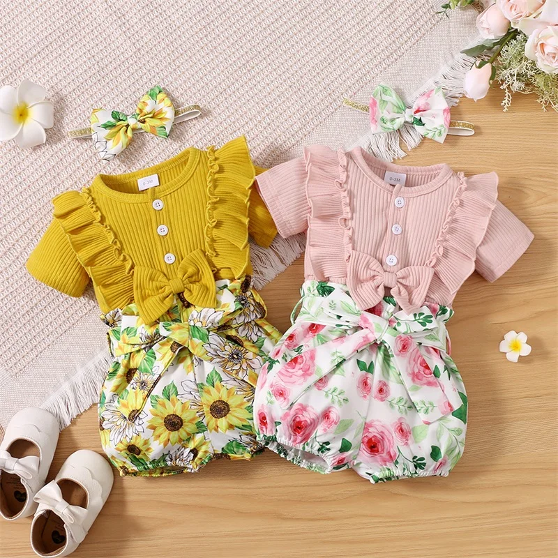 

Summer Ruffles Solid Short Sleeve Romper+Floral Shorts Headband Cute Clothes Sets for Baby Girls 3pcs Suit