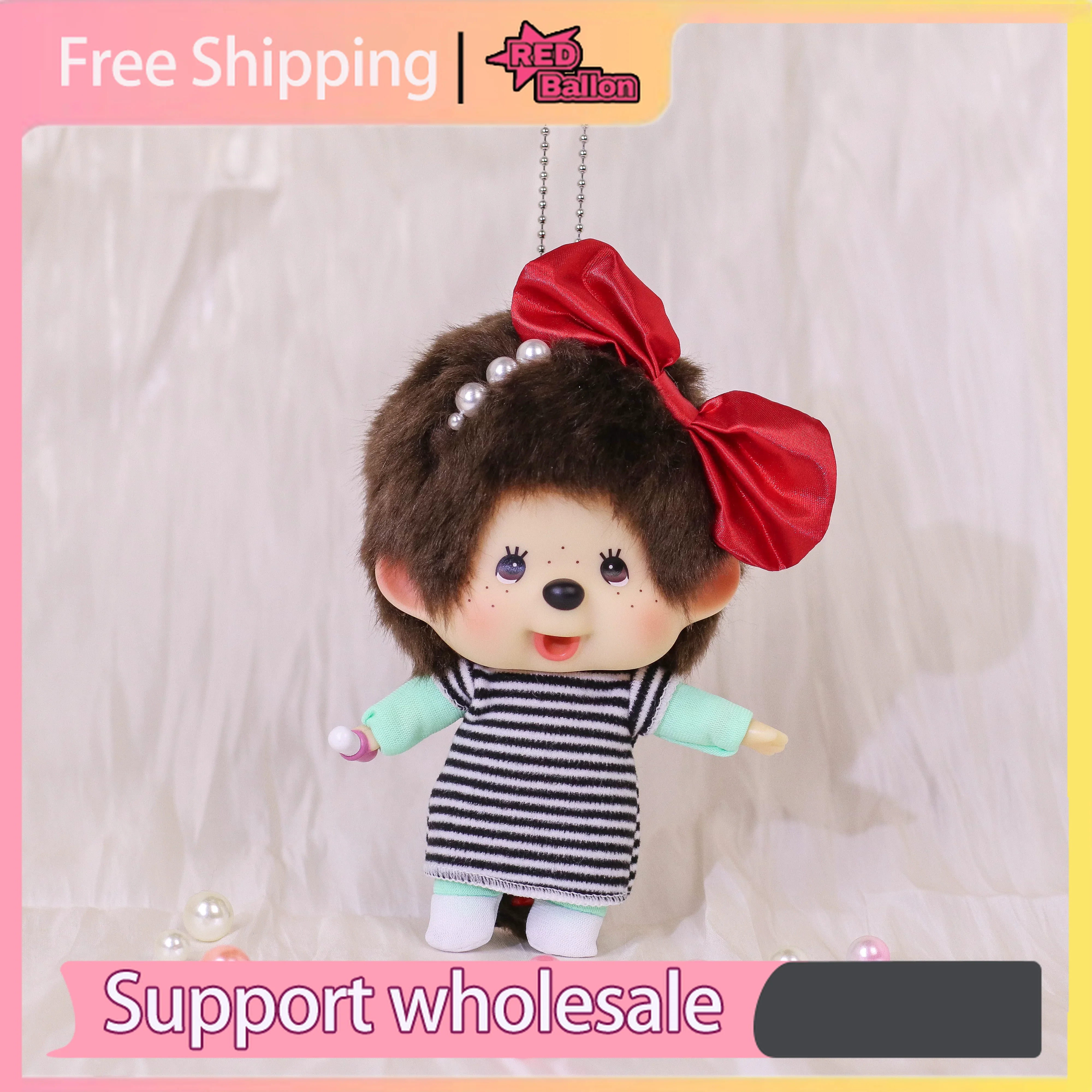 Новинка: плюшевая кукла-брелок Monchhichi «Девочка-фермерша» с большим бантом и розовым сердцем из страз, подарок для девочек (art.: 3920db9bc2bfa) - 3920db9bc2bfa