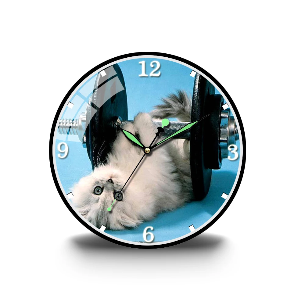 

A kitten Is Lifting Weights Acrylic Wall Clock Cute Cat HD Painting Luminous Hanging Watch Gift For Bodybuilding Fitness Man GYM