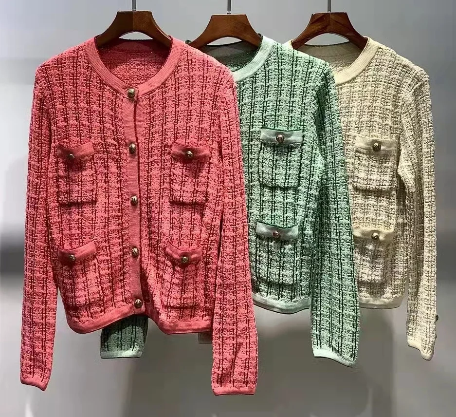High Quality New 2023 Spring Autumn Cardigan Coats Women Pocket Deco Long Sleeve Casual Green Rose Red Beige Cardigan Tops Coat